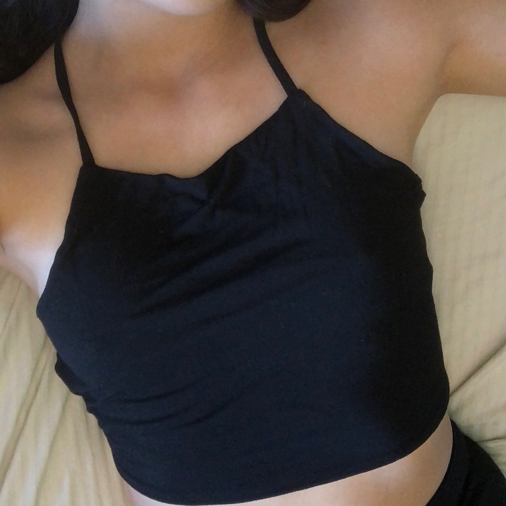 Black lace up back top